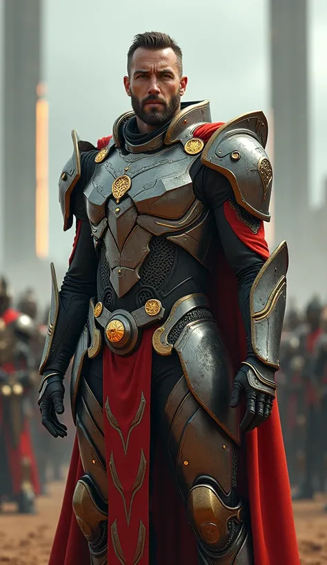 Masterpiece photoshoot of a soldier of the future in royal armor, cyber technology, at the head of the imperial army, inspired art by Adam Fisher