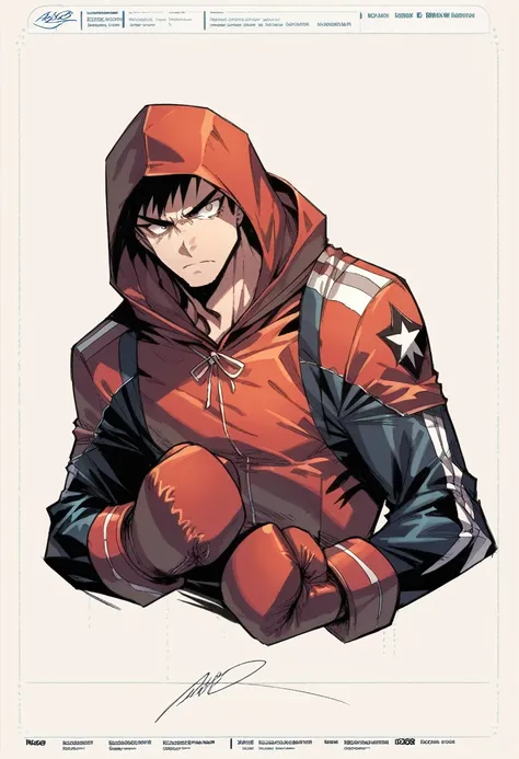 (manga style,concept art),young man with black hair,hooded  down,pupils,red boxing gloves ,Soldier hat