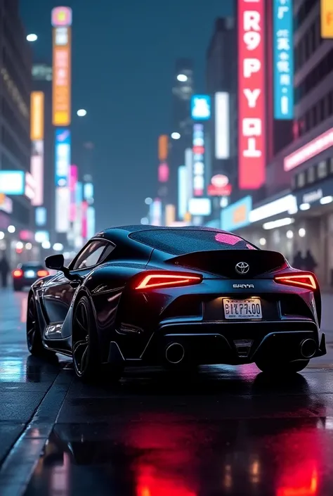 Black Toyato Supra in city and white neon light.