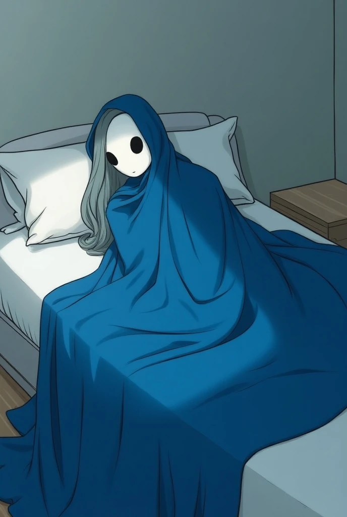 (1female, solo) faceless, mask (white face mask, black eyes/) grey hair, long hair, blue long cape, (cape covering full body/), cape touch the ground, used cape to covered, bed, laying down, room, day, animated cartoon style