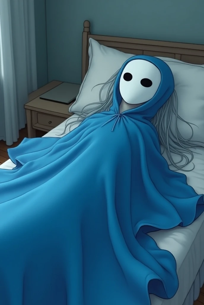 (1female, solo) faceless, mask (white face mask, black eyes/) grey hair, long hair, blue long cape, (cape covering full body/), cape touch the ground, used cape to covered, bed, laying down, room, day, animated cartoon style