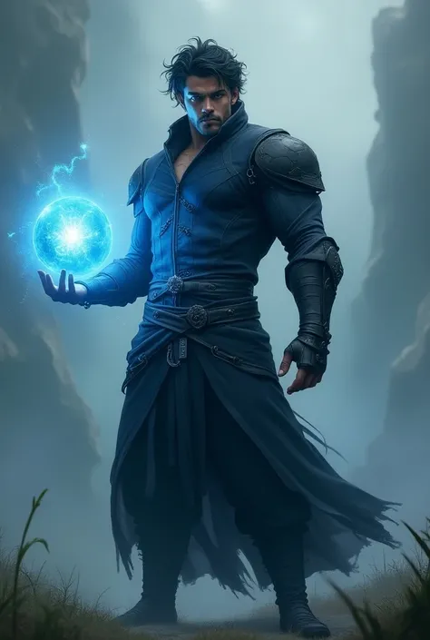 Fantasy scene, a young man with dark hair wearing a black cloth warrior uniform and holding a glowing blue ball in his hand (black uniform, large physique).