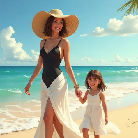 A beautiful woman 40 years old Brazilian brunette, short straight shoulder-length brown Chanel hair, with a black swimsuit and a white beach dress and luxurious hat on the beach with her 1 daughter
