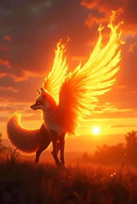 A creature that is a mix of a fox and a phoenix is ​​dramatically separating. The creature, with its slender body and soft fox fur, is beginning to transform, with its fiery tail and wings of intense flames dissipating, as if it is falling apart. The fox p...