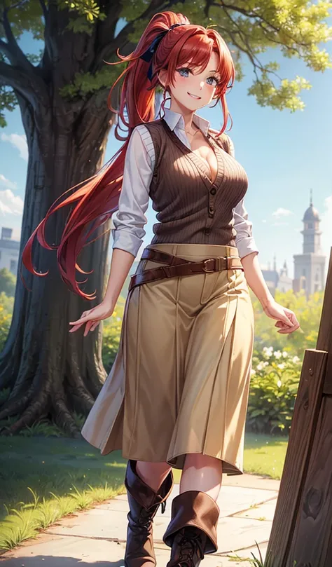 1girl, ((mature girl)), solo, spring, birds, trees, red hair, ponytail, large full breasts, ((brown sleeveless vest sweater)), dark blue eyes, ((white shirt)), ((unbuttoned shirt)), cleavage, long skirt, boots, smile, looking at the viewer, standing, hair ...