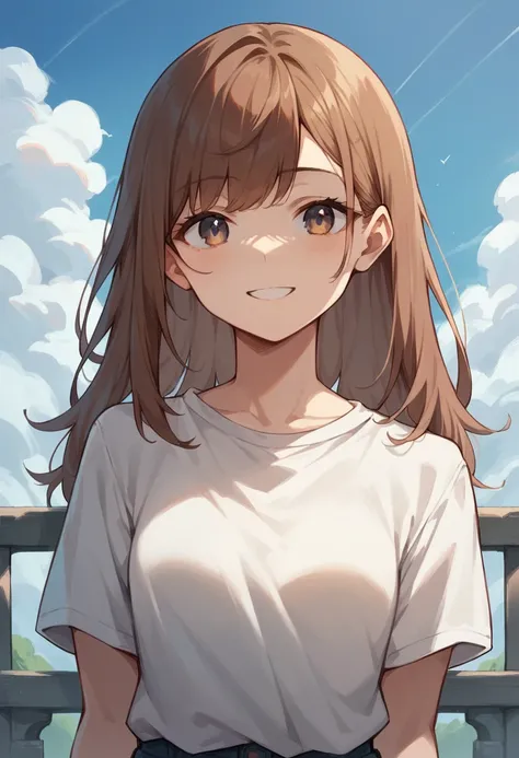 1girl, blue sky, looking at the sky, front view, casual clothes, motivated smile, small breasts, long brown hair, cute bangs, side bangs