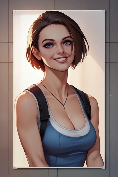 Jill Valentine, portrait, cleavage, smiling, sexy (8k, RAW photo, best quality, masterpiece:1.2),ultra-detailed, (high detailed skin:1.2), 8k uhd, dslr, soft lighting, high quality, 