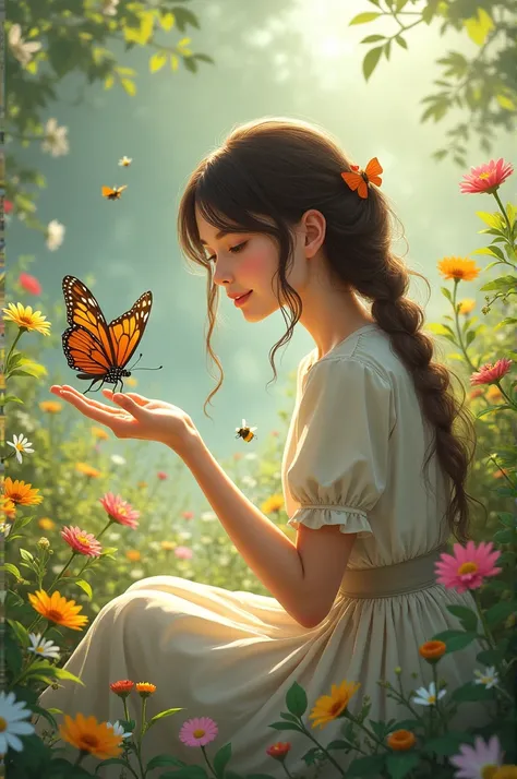 A sitting on the grass of a flowery garden .  She plays with a butterfly that has landed on her hand . Around you,  colorful flowers and small insects create a scene of living nature. Els seems fascinated and happy connected to the environment  