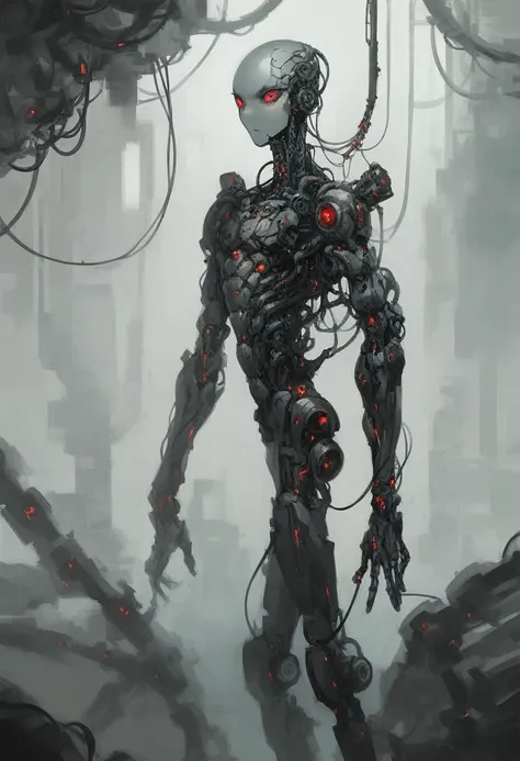 (cyber young african boy with metallic dark cracked skin, Wild black dread hair, young , gazes sideways,his fragile form encased in a cyborg exoskeleton. Slender body type, Hydraulic mandibles frame his mechanical mouth, cyberpunk, Intricate dieselpunk eng...