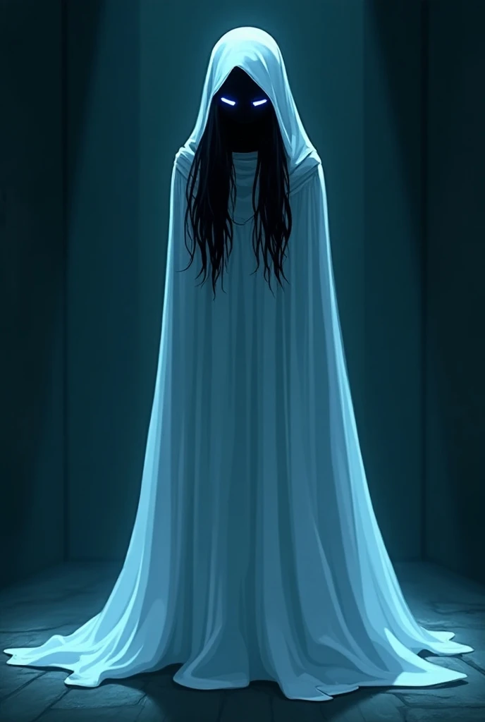 (1female, solo) faceless, mask (black face mask, Blue lining, white sight/) black hair, long hair, white long shining cape, (cape covering full body/), cape touch the ground, scary cape, used cape to covered, standing. Room, night, animated cartoon style