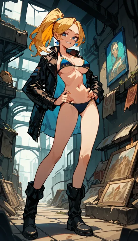 Masterpiece, best quality, Masterpiece, best quality, 1 woman , blue eyes , yellow ponytail , black leather jacket , sly face , smile , bikini , abdomen, big breasts , Long legs , boots , hands on hips , abandoned factory , at night