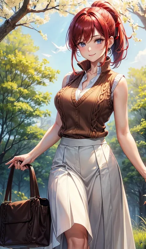 1girl, ((mature girl)), solo, spring, birds, trees, red hair, ponytail, large full breasts, ((brown sleeveless vest sweater)), dark blue eyes, ((white shirt)), ((unbuttoned shirt)), long skirt, boots, smile, looking at the viewer, standing, hair ribbon, go...