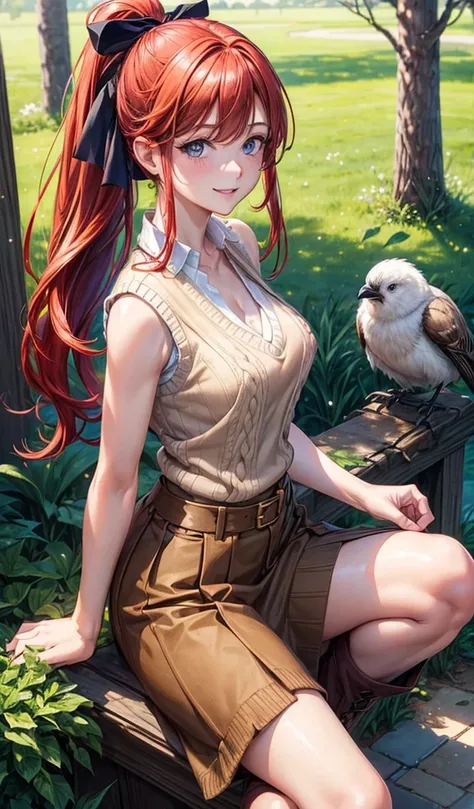 1girl, ((mature girl)), solo, spring, birds, trees, red hair, ponytail, large full breasts, ((brown sleeveless vest sweater)), dark blue eyes, ((white shirt)), ((unbuttoned shirt)), long skirt, boots, smile, looking at the viewer, standing, hair ribbon, go...