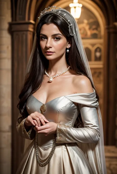 Create a realistic portrait of an Italian woman in her forties from the medieval period. She has dark hair, styled neatly in a pearl-studded net, giving an elegant but modest look. She wears a finely tailored medieval gown without any jewelry, except for a...