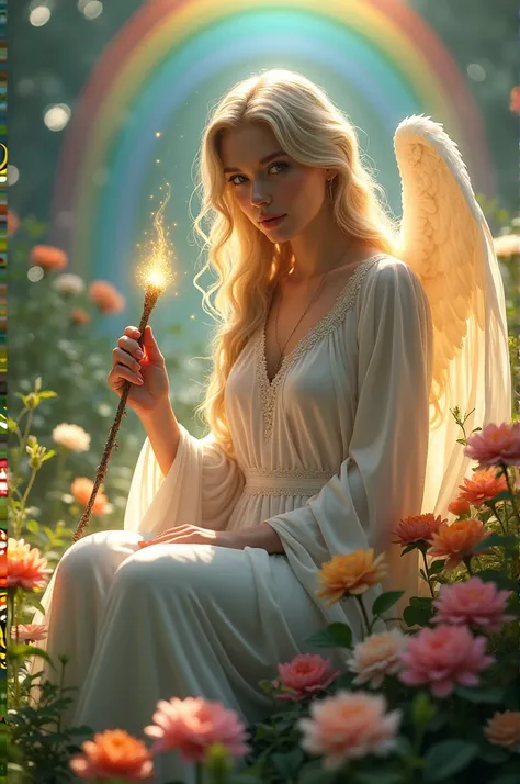    sitting in a flower garden ,  wearing angel clothes while holding a glowing stick.
there is a rainbow 
HD Image 

