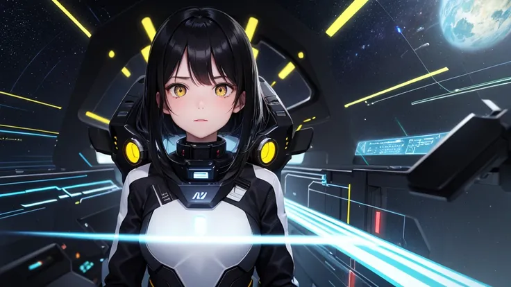 from future intelligence, technology background, complex mission, sudden mystery, unexpected result, unknown variables, strange data, confident look, space black pioneer dress, yellow eyes, black hair