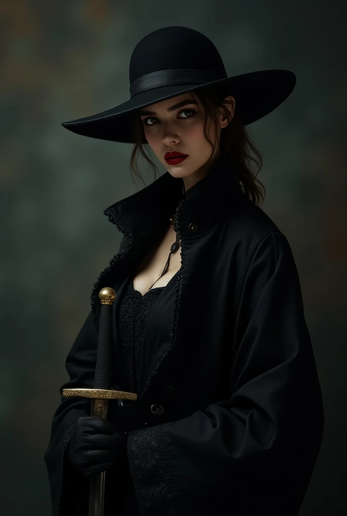 A beautiful woman, her eyes covered by a hat, wearing ancient black clothes. Her lips are red. She is holding a sword.