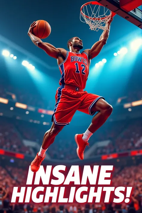 Here’s a prompt for creating an eye-catching basketball highlights thumbnail:

---

A dynamic basketball scene showing an intense moment of action on the court. A player in mid-air, about to dunk, with muscles tensed and expression focused, while fans chee...