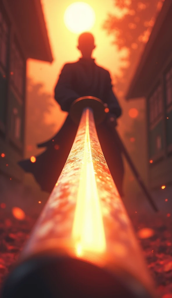 an anime illustration. POV view of a swordsman facing the viewer, holding the katana and pointing it at the viewer. camera is shot from a low angle, dutch angle, with bokeh effect focusing on the bright reflection of the blade, the swordsman can be seen bl...