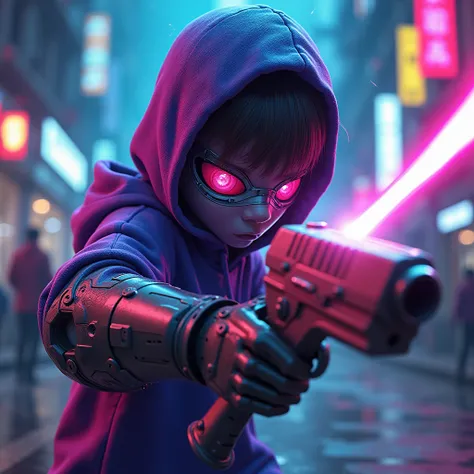 A cyberpunk image, a boy in street, wear a cool neon dress,a boy with a cyberpunk huddy, huddy color is violet, he wear a mask, mask have three eyes, his one hand robotic, and he have a thisul weapon, Godwin eyes,neon color effect, cool cyberpunk cobat bat...