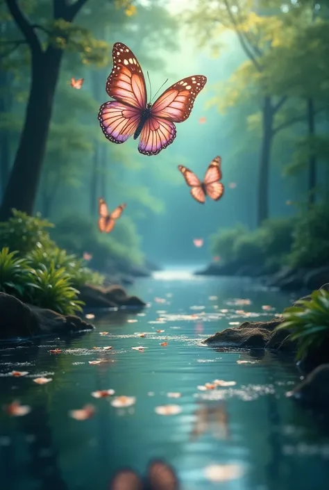 Beautiful energy art that gives power to those who see it。Landscape Images。butterflies dancing on the riverside。Fantastical。Dreamy。Fantasia。