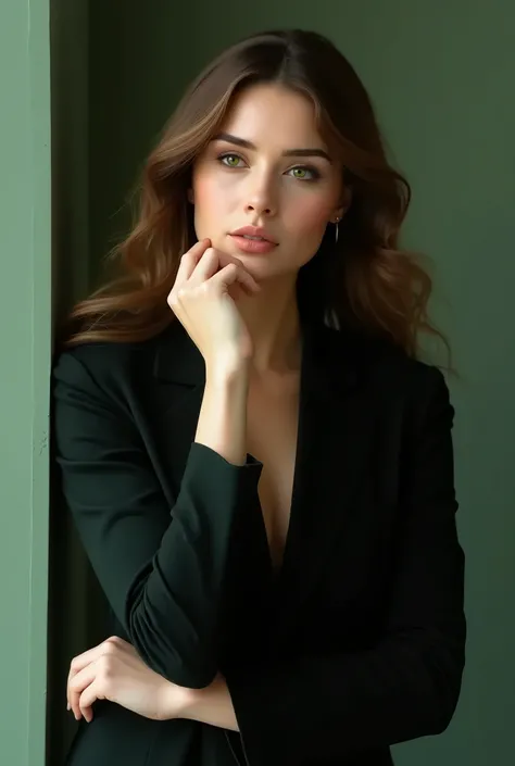 A beautiful woman, with white skin ,  long and smooth medium brown hair ,  striking dark green eyes ,  striking eyebrows , social blazer style clothing in black or green,  arm around the waist ,  supporting the elbow of the other arm with the fingers touch...