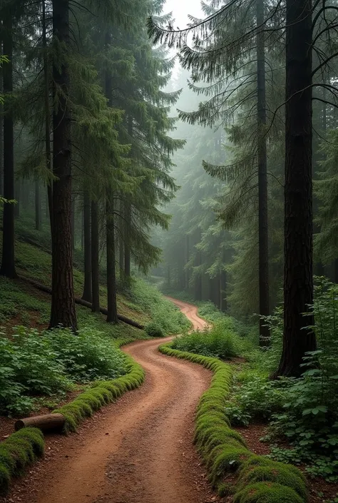 a dirt road winding through the forest. the path snakes between trees