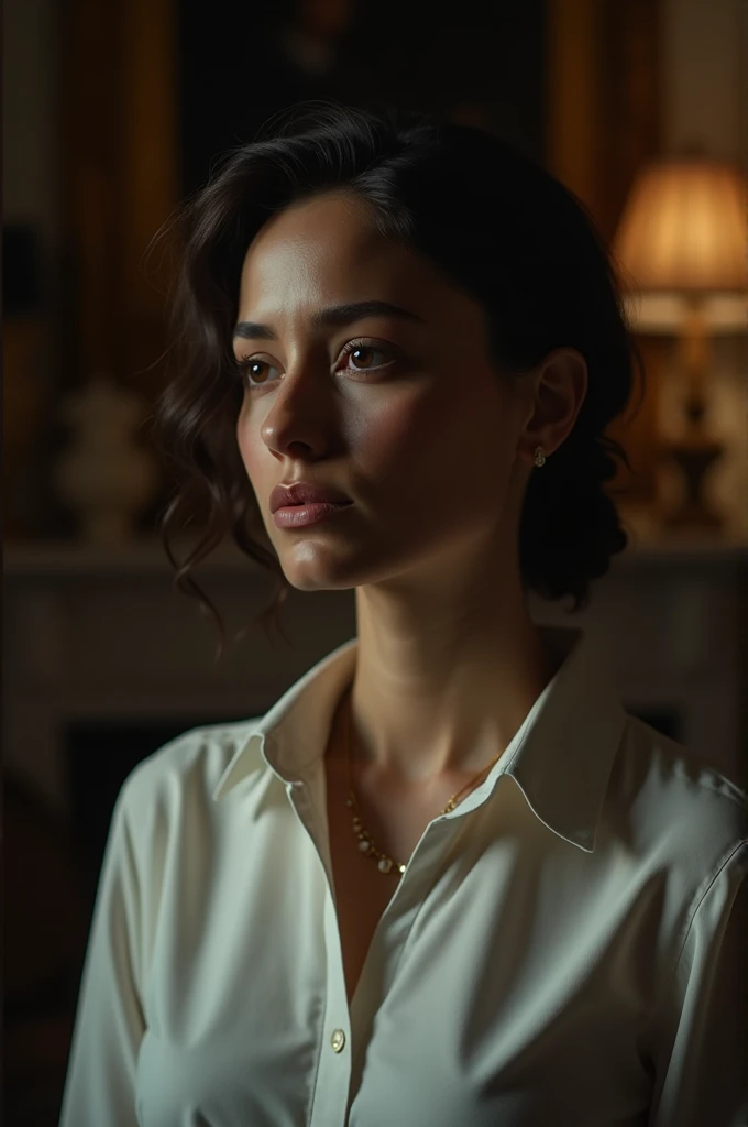 The woman in the plain blouse. The elegant rooms decor blurs in the background, emphasizing her solitude. the chiaroscuro lighting dances across her face, highlighting her emotional struggle. The camera slowly zooms in to capture the stark contrast between...