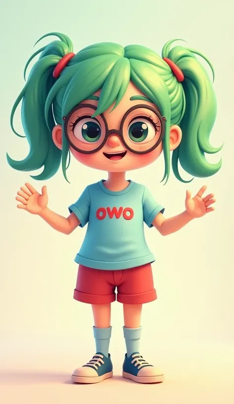 A cute and nerdy , with big round glasses, wearing a light blue t-shirt with "owo" printed on it, red shorts, and bright green hair. He has sneakers with knee-high socks. The style is 2D animation with a pastel color palette, creating a soft and friendly a...