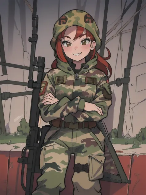 girl with smile and red hair, with a camouflage jacket, camouflage balaclava, camouflage pants and army boots.