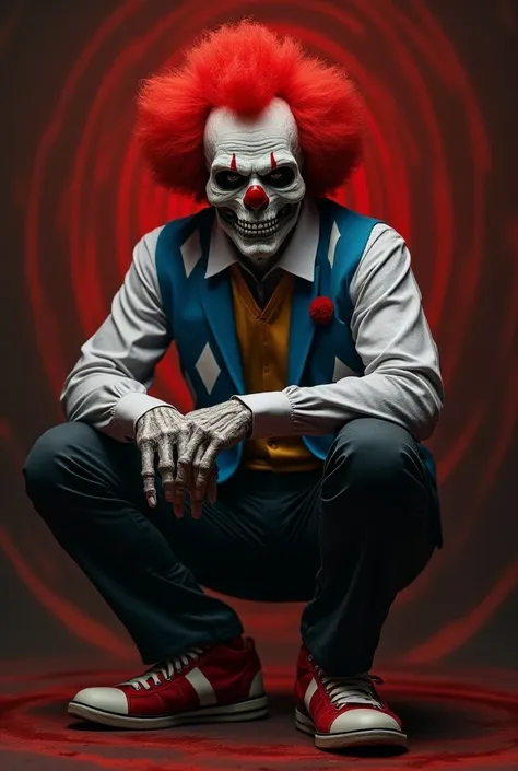 evil clown with a short afro in circles of red hair with a skull instead of a clowns face and nose dressed in a blue vest with a white diamond with white gloves and black pants with red and white shoes