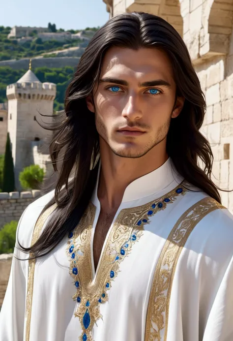 man))) (25 years old) ,  blue eyes,  moderately pumped  , in a white caftan embroidered with gold threads  ,  black long straight hair pulled behind your back in a beautiful Turkish castle, The man has a white scar all over his right side of his face verti...