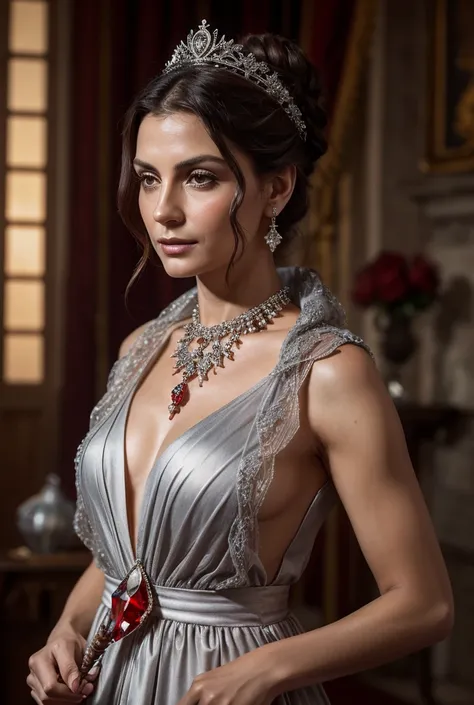  Creates a realistic image of a 40-year-old Italian lady, king, from the Middle Ages, well dressed but without jewelry ,  only a rose-shaped pin  ( a red crystal bud and silver stalk ).  Hair tied in a pearlescent net 