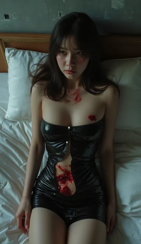 asian woman wearing black latex dress, eyes slumped on mattress, shot in bleeding belly, painful posture