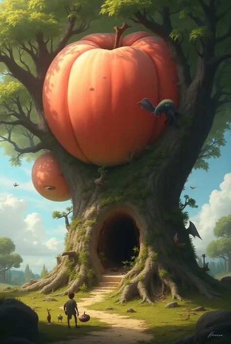 Giant tree of a giant peach that hangs and the peaches touch the ground and inside the peaches a different world mysteries with animals and in the a hole through which a  can only accompany him crawling to enter the peaches 