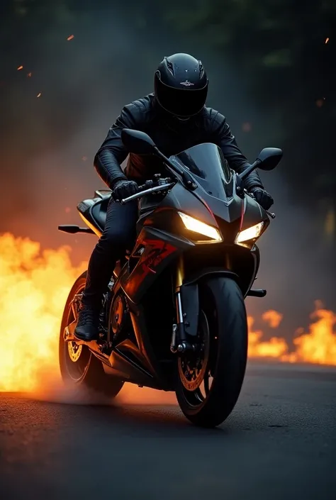  an image with the following description 

- A dark asphalt background or a race track.
- A motorcyclist in the center , sitting on a powerful H2R high-cylinder motorcycle
- The motorist wears a helmet and sunglasses,  with a confident and smiling expressi...