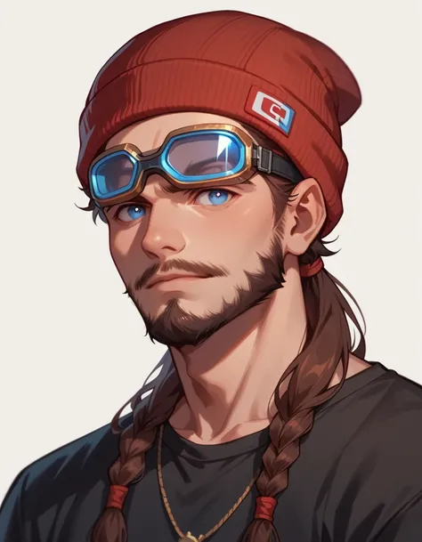 Solo ,human Male 23 Years old ,Adolescent   , Brown Hair  ,blue pupils ,Simple background, Black shirt , short Beard , long Tied hair,red beanie ,goggles_on_head 