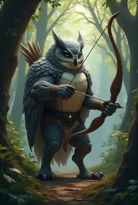 An archer humanoid owl with winged arms and gray feathers