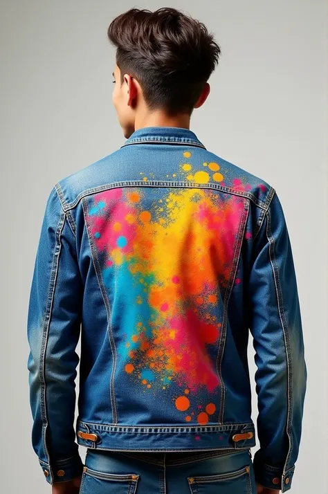 On the denim back, the pattern in bright colors with splashes is beautiful and bright unisex for guys and suitable for girls