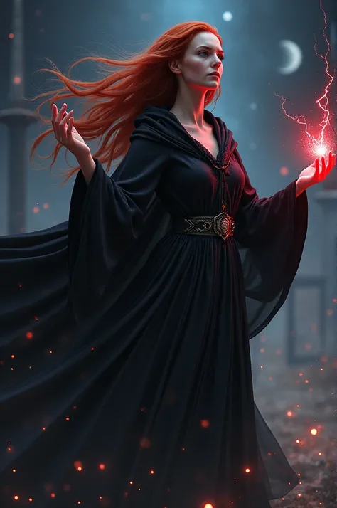 A 50-year-old woman wearing a 5m-long witch costume, red hair, a discreet look, a friend behind the stars, uses dark red power on her left hand, right hand.