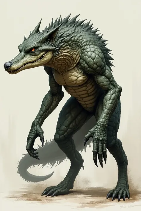 A fearsome creature with the sleek, muscular body of a wolf, but with the rugged, armored features of a crocodile. Its head is a striking fusion of both animals, with the sharp, powerful jaws of a crocodile, lined with rows of teeth, set against the sleek ...