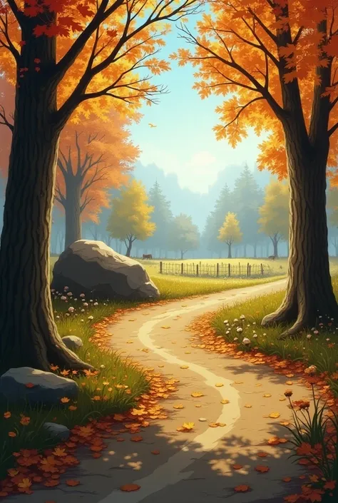 Fantasy, RPG Loading screen art. A dirt road winding through the forest. path goes around a large rock and there is a fenced field in the distance. Lots of orange and yellow fall trees, couple maple trees, a couple animals like squirrels or rabbits hiding ...