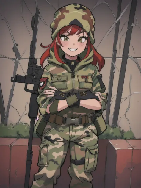 girl with smile and red hair, with a camouflage jacket, camouflage balaclava, tactical gloves, camouflage pants and army boots.