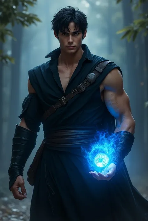 Fantasy scene, a young man with dark hair wearing a black cloth warrior uniform and holding a glowing blue ball in his hand (black uniform, large physique).بورتريه، عالية الدقه، نظرات حاده، رداء اسود