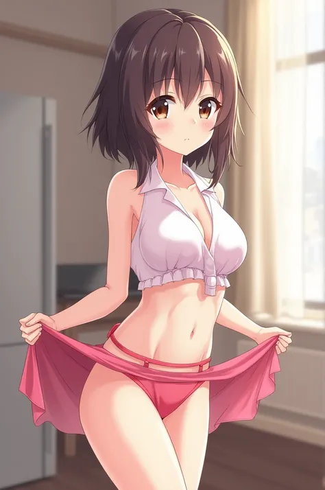 Cute anime girl lifts her skirt and shows off her panties