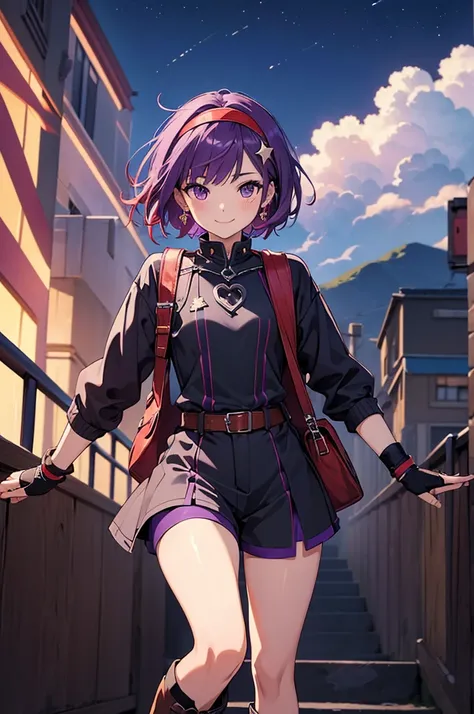 ( masterpiece ,  better quality:1.2),illustration,8K, High definition ,1 girl,Alone, Fingerless Gloves, short hair,purple hair, purple eyes,smile, hair band ,old,dress,medium old,star hair ornament, adorno para el pelo, red  hair band ,shorts cortos,boots,