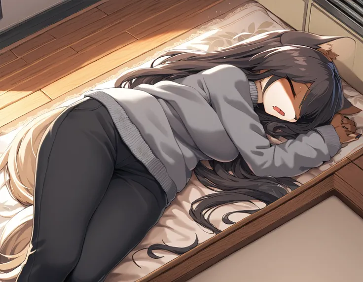 (kemono), solo, sleeping, high-angle_view, anthro, female, dual-tone hair, long_hair, medium_breasts, gray_sweater, black_pants, shaded, detailed, inside, dim, closed_eyes, open_mouth, detailed, extreme_detail, intricate_details, (masterpiece, best_quality...