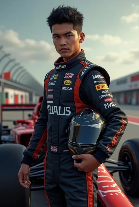 a Poza car racer standing next to his car holding his helmet, this driver has Andean features, has short hair and a grim expression.