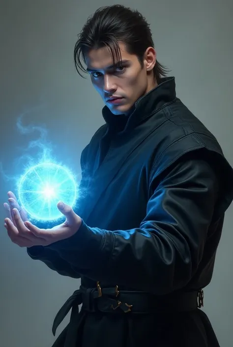 , a young man with dark hair wearing a black cloth warrior uniform and holding a glowing blue ball in his hand (black uniform, large physique).بورتريه، عالية الدقه، نظرات حاده، رداء اسود