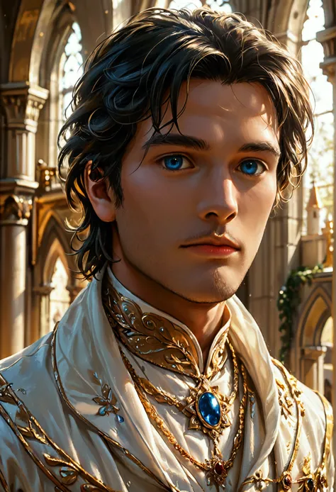 score_9, score_8_up, score_7_up, score_6_up, source_anime, masterpiece, newest, realistic beautiful Turkish  (((( man))) (25 years old) ,  blue eyes,  moderately pumped  , in a white caftan embroidered with gold threads  ,  black long straight hair removed...